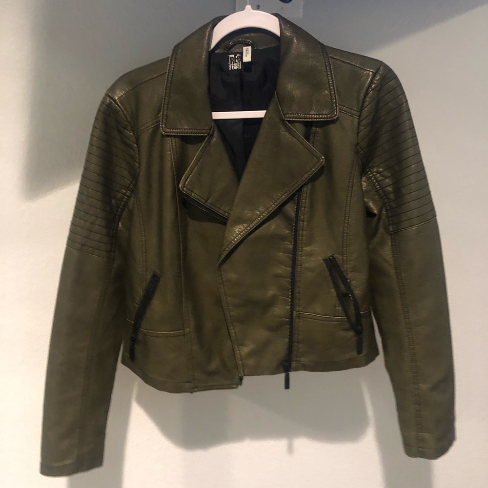 Imitation leather green motorcycle jacket